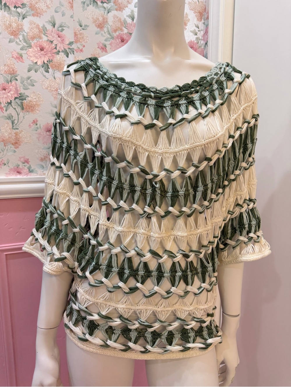 Open-Knit Crochet Pullover Tunic in Cream and Olive